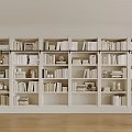 Modern White Bookcase with Books and Decorative Items and Wooden Ladder in Bright Room