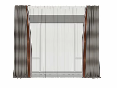 Dark Curtains with Sheer White Voile and Wooden Accent for Modern Window 3d model