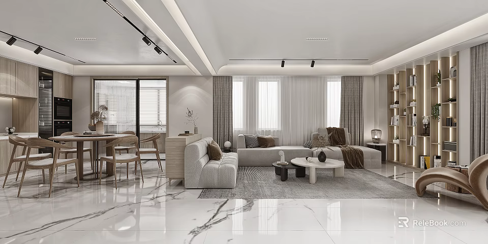 Modern Dining and Living Room Interior With Marble Floor Sofa Coffee Table And Dining Chairs 3d model 