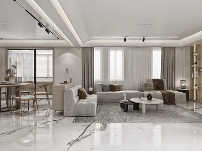 Modern Dining and Living Room Interior With Marble Floor Sofa Coffee Table And Dining Chairs 3d model