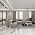 Modern Dining and Living Room Interior With Marble Floor Sofa Coffee Table And Dining Chairs