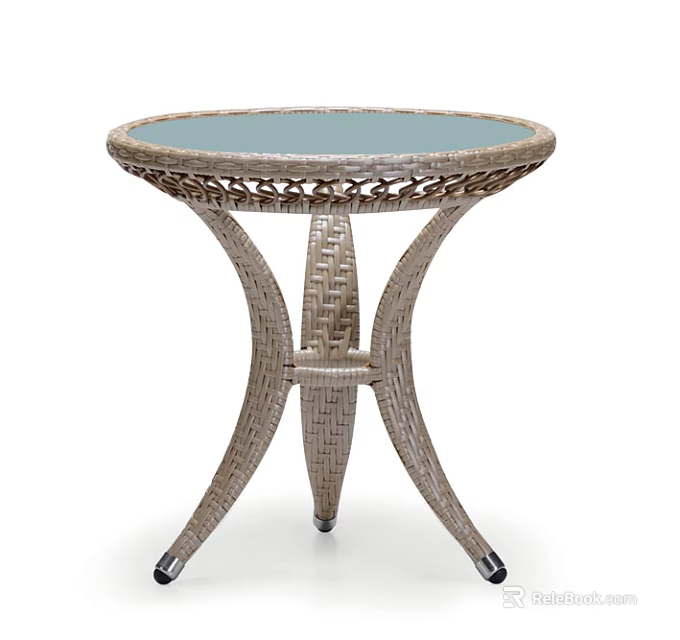Round Coffee Table With Glass Top And Woven Rattan Legs Design 3d model 
