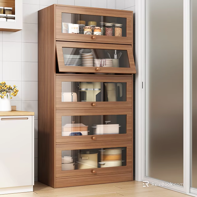 Wooden Kitchen Cabinet With Glass Doors And Storage 3d model 