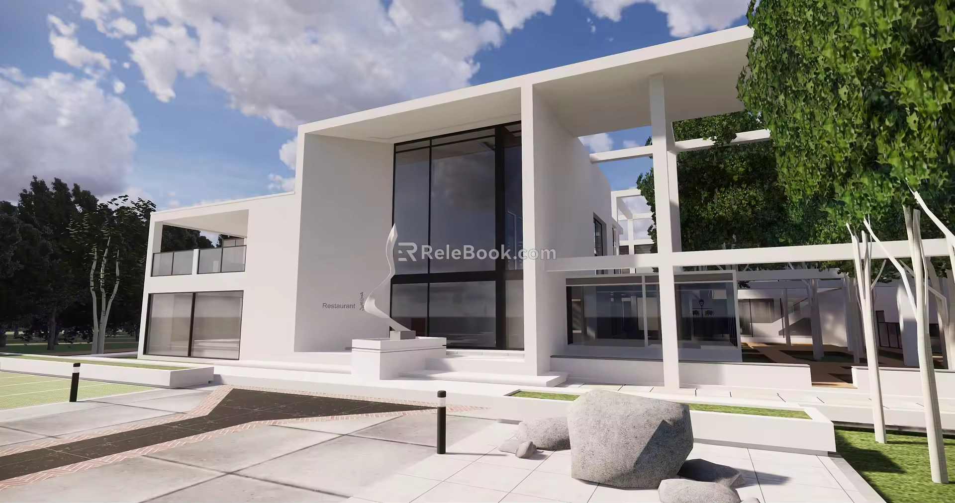 modern architecture ecological restaurant descending high-level terrain 3d model
