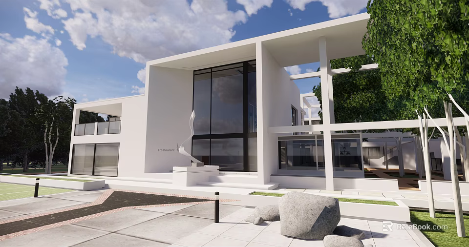 Modern White Villa With Large Glass Terrace Lawn Stone Sky And Clouds 3d model 