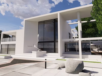 Modern White Villa With Large Glass Terrace Lawn Stone Sky And Clouds 3d model