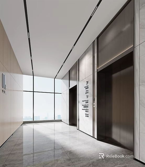 Bright Modern Elevator Corridor Interior With Large Windows And Natural Light 3d model