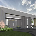 Modern Architectural Entrance Gate Design With White Exterior Wooden Elements And Greenery
