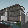 Modern Detached Villa Exterior With Large Glass Windows Balconies Swimming Pool And Wooden Deck