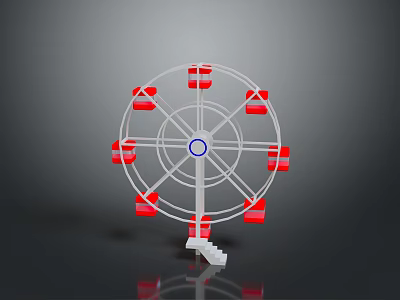 Colorful Ferris Wheel with Red Cabins and White Structure on Gray Background with Reflection 3d model