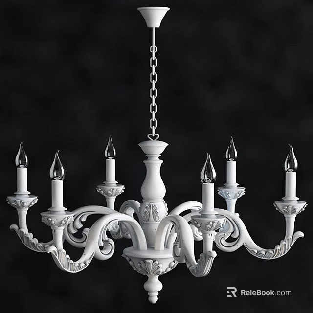 White Classic Chandelier With Carved Design And Candle Shaped Arms Hanging By Chain 3d model 