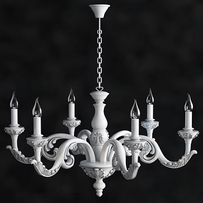 White Classic Chandelier With Carved Design And Candle Shaped Arms Hanging By Chain 3d model