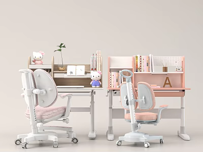Kids Study Desk in Pink and White with Chair Bookshelf and Hello Kitty Decor 3d model