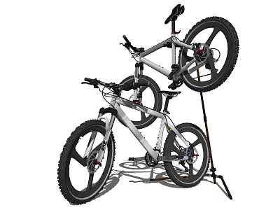 Two Silver Mountain Bikes With Black Wheels On Metal Display Stand 3d model