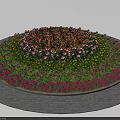 Colorful Flowers and Plants Arranged in Round Bed with Concentric Circles on Stone Paved Ground