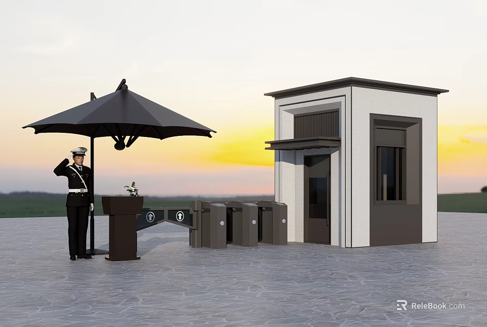 Security Entrance Area With Guard Black Umbrella Barrier Gates Booth And Sunset 3d model 