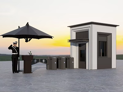 Security Entrance Area With Guard Black Umbrella Barrier Gates Booth And Sunset 3d model