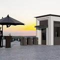 Security Entrance Area With Guard Black Umbrella Barrier Gates Booth And Sunset
