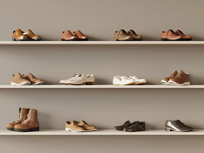 Assorted Shoes in Various Styles Arranged on Three Tiered Shelves Neatly 3d model
