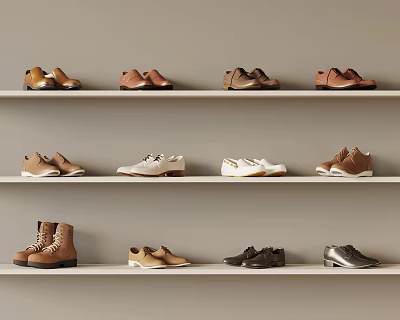 Assorted Shoes in Various Styles Arranged on Three Tiered Shelves Neatly 3d model Assorted Shoes in Various Styles Arranged on Three Tiered Shelves Neatly 3d model