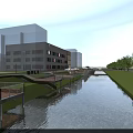 Modern Multi Story Industrial Factory Building With Waterfront Area And Parking Lot