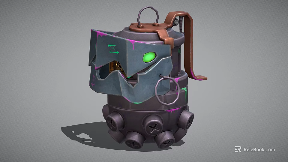 Cartoon Mechanical Device With Green Glowing Eye And Damaged Metal Shell 3d model