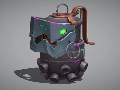 Cartoon Mechanical Device With Green Glowing Eye And Damaged Metal Shell 3d model