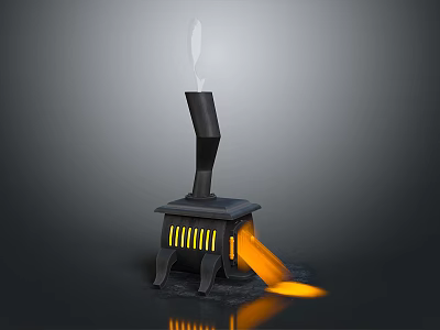 Vintage Black Cast Iron Stove With Chimney And Flames From Stove Door 3d model