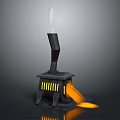 Vintage Black Cast Iron Stove With Chimney And Flames From Stove Door