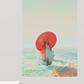 Landscape Painting Of Red Umbrella Girl Standing In Seaside Ocean Waves With Soft Sky