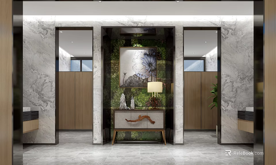 Modern Other Bathroom Interior Design With Marble Walls Mirror And Green Plants 3d model 