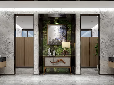 Modern Other Bathroom Interior Design With Marble Walls Mirror And Green Plants 3d model