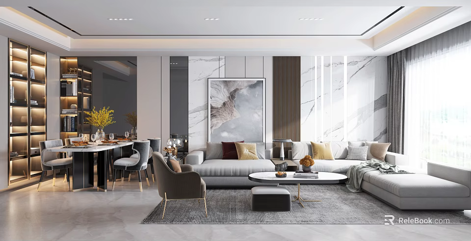 Modern Living and Dining Room Interior with Neutral Sofa Dining Table and Artwork 3d model