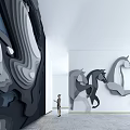 Modern 3D Abstract Face Relief Background Wall In Art Gallery With Standing Woman Figure