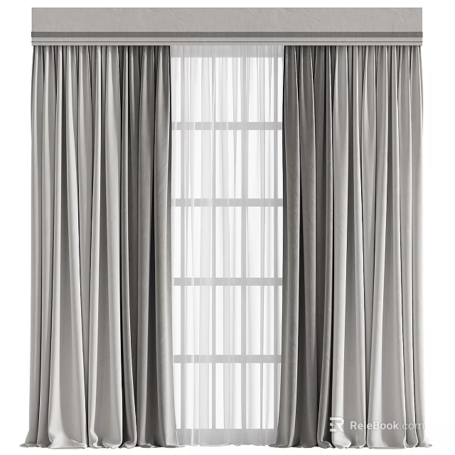 Gray Curtains With Sheer Panels And Window View For Home Decoration 3d model 