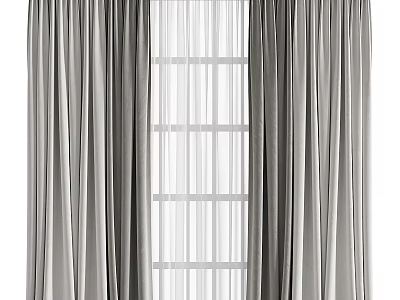 Gray Curtains With Sheer Panels And Window View For Home Decoration 3d model