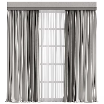 Gray Curtains With Sheer Panels And Window View For Home Decoration 3d model