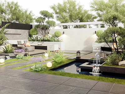 Modern Courtyard Garden Design With Water Fountain Pond Seating And Lush Plants 3d model