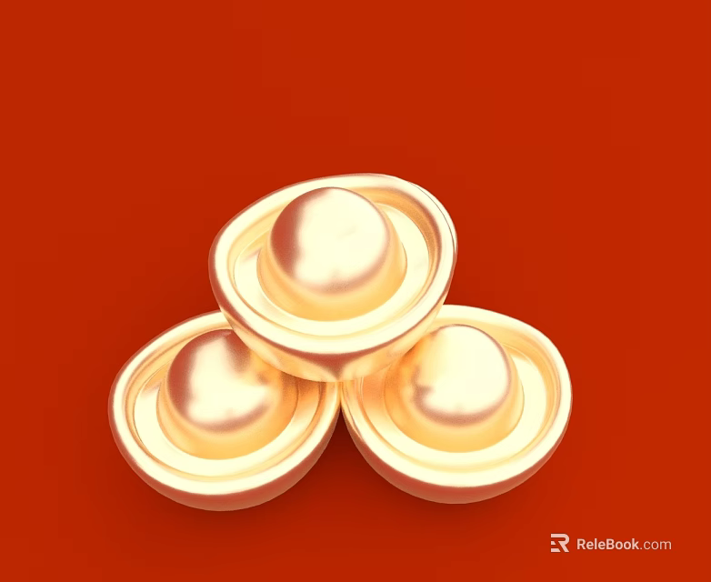 Three Glossy Golden Dome Shaped Landscape Sculptures On Red Background 3d model 