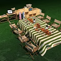 Outdoor Chairs Around Long Green And White Striped Table With Food Drinks Utensils On Grass
