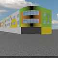 Colorful School Building Exterior with Geometric Patterns Multiple Windows Against Blue Sky with White Clouds 3d model