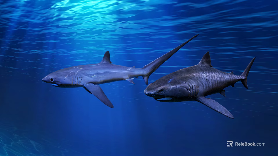 Two Sharks Swimming in Clear Blue Ocean Water Underwater Scene 3d model 