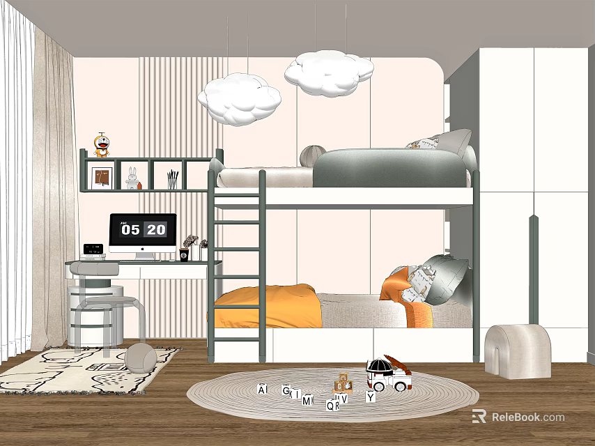 Kids Room Design With Bunk Bed Cloud Decorations Desk Clock Toys Striped Wall And Rug 3d model 
