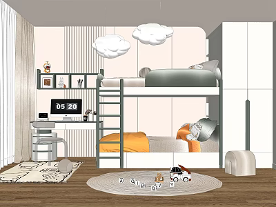 Kids Room Design With Bunk Bed Cloud Decorations Desk Clock Toys Striped Wall And Rug 3d model