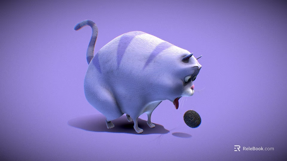 Animated Blue Purple Striped Chubby Cat Character Looking At Coin On Purple Background 3d model 