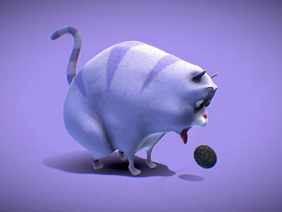 Animated Blue Purple Striped Chubby Cat Character Looking At Coin On Purple Background 3d model
