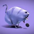 Animated Blue Purple Striped Chubby Cat Character Looking At Coin On Purple Background