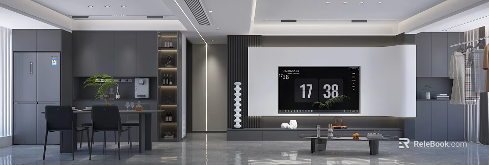 Modern Minimalist Living Dining Room Interior With TV Wall And Decorative Lighting 3d model 