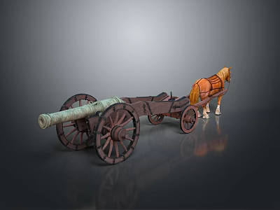Ancient Historical Weapon Cannon On Horse Drawn Wooden Cart Vintage Design 3d model