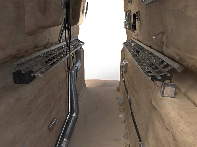 Industrial Rock Wall With Metal Ladders Pipes And Cables 3d model